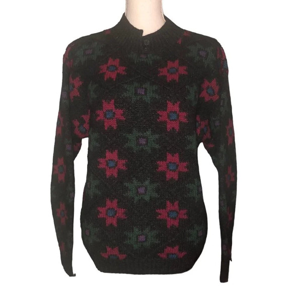 The WOOLRICH Woman Sz L Gray Green Red Blue Purple 100% Wool 2 Button Sweater - Picture 1 of 5